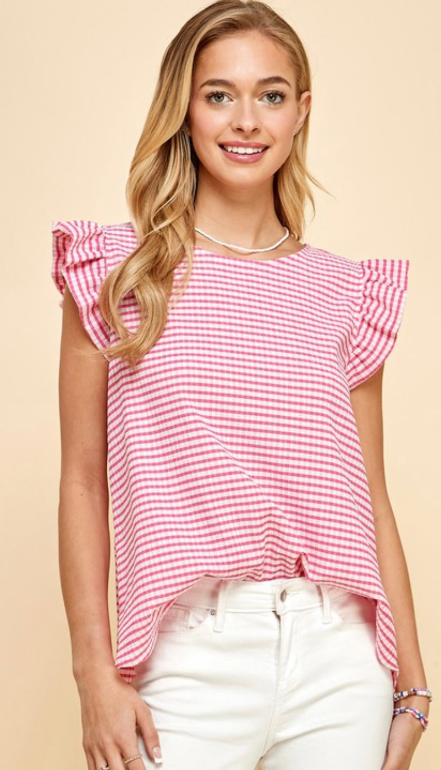 Striped Ruffled Sleeve Top - Bubble Gum
