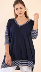 Striped 3/4 Sleeve V-Neck Tunic