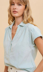 V-Neck Button Down- Sage